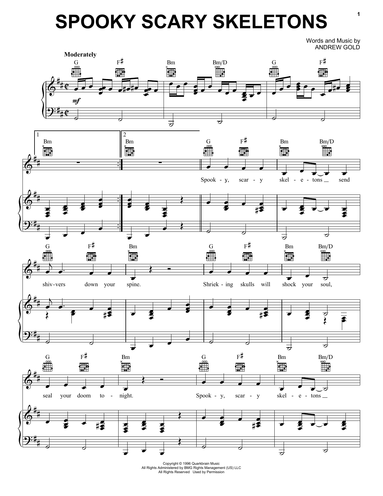 Download Andrew Gold Spooky Scary Skeletons Sheet Music and learn how to play Piano, Vocal & Guitar (Right-Hand Melody) PDF digital score in minutes