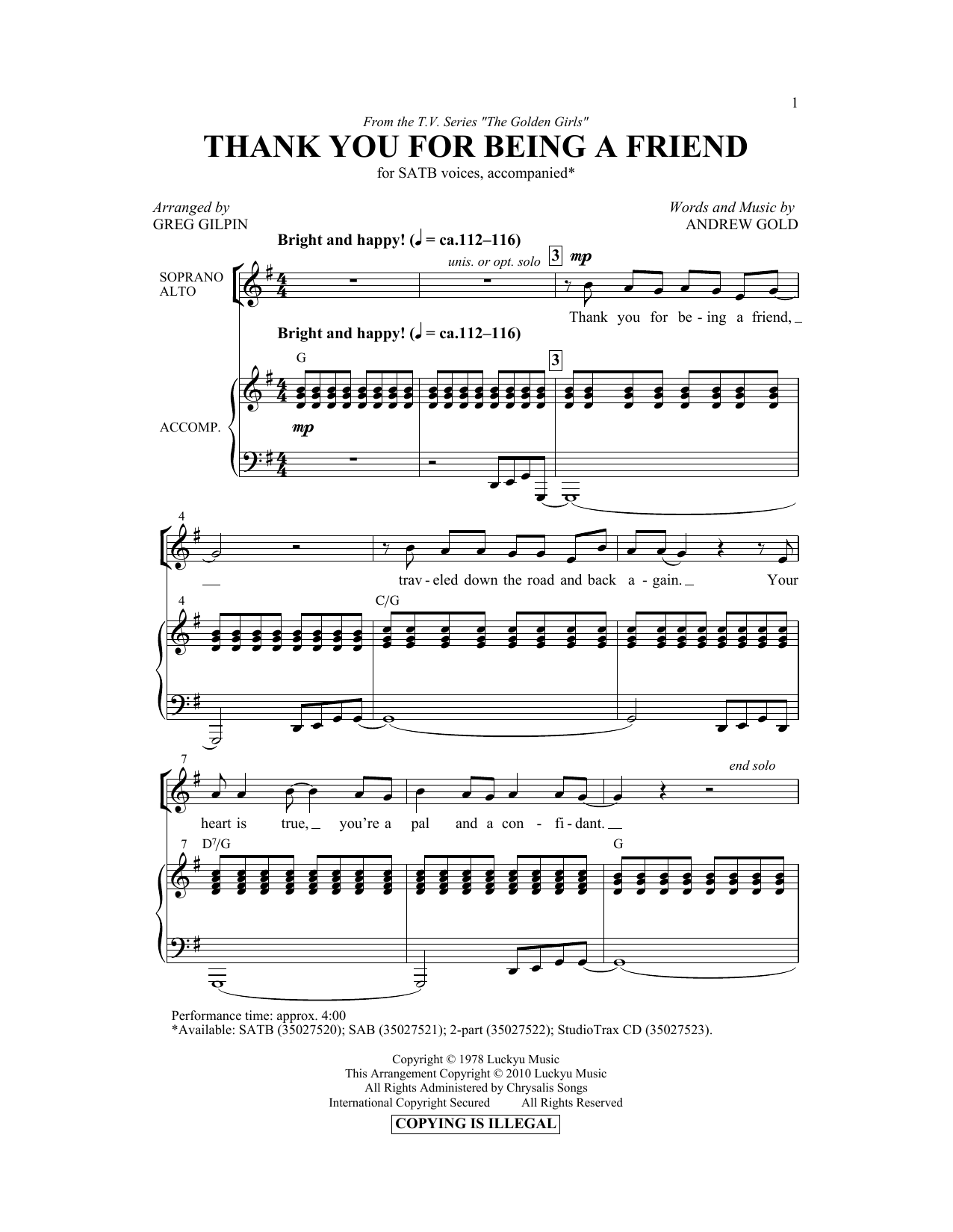 Download Greg Gilpin Thank You For Being A Friend Sheet Music and learn how to play SAB PDF digital score in minutes