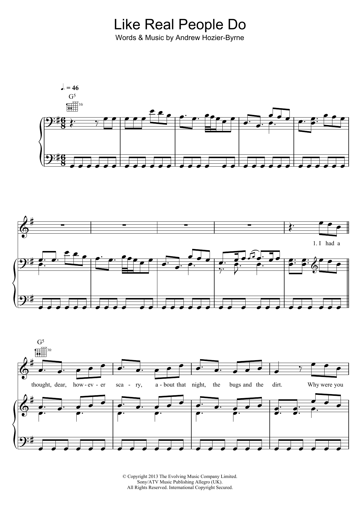 Download Hozier Like Real People Do Sheet Music and learn how to play Piano, Vocal & Guitar (Right-Hand Melody) PDF digital score in minutes