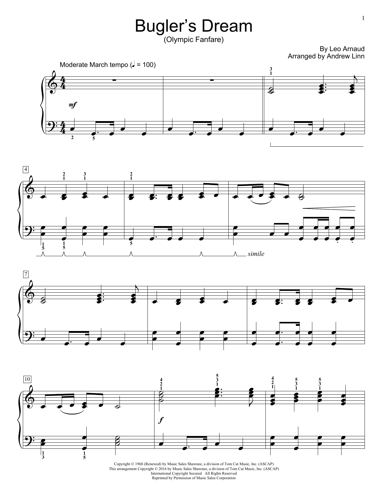 Download Andrew Linn Bugler's Dream (Olympic Fanfare) Sheet Music and learn how to play Easy Piano PDF digital score in minutes