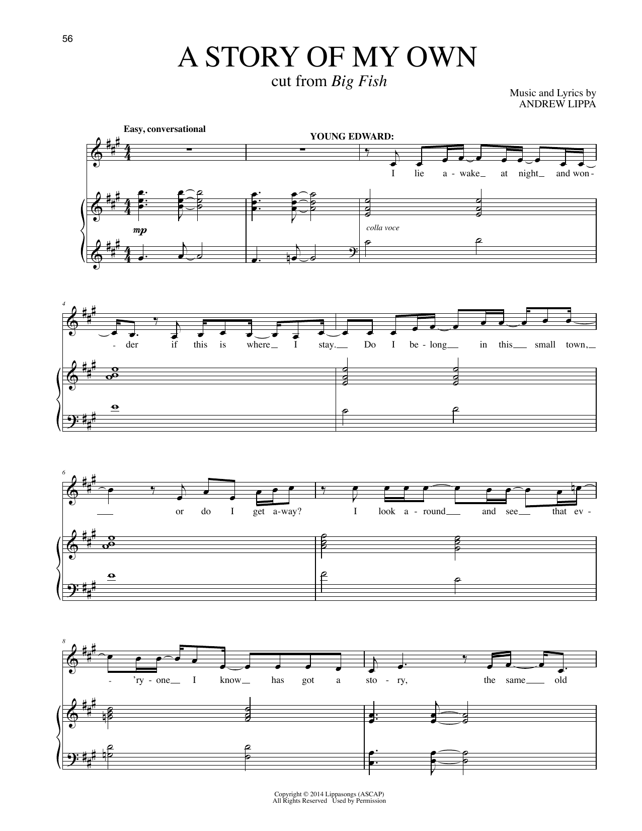 Download Andrew Lippa A Story Of My Own (from Big Fish) Sheet Music and learn how to play Piano & Vocal PDF digital score in minutes