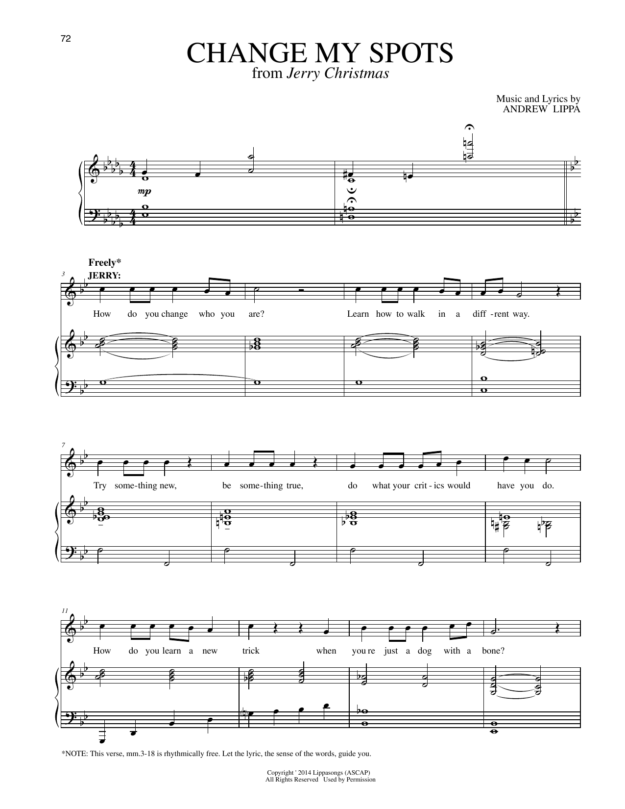 Download Andrew Lippa Change My Spots (from Jerry Christmas) Sheet Music and learn how to play Piano & Vocal PDF digital score in minutes