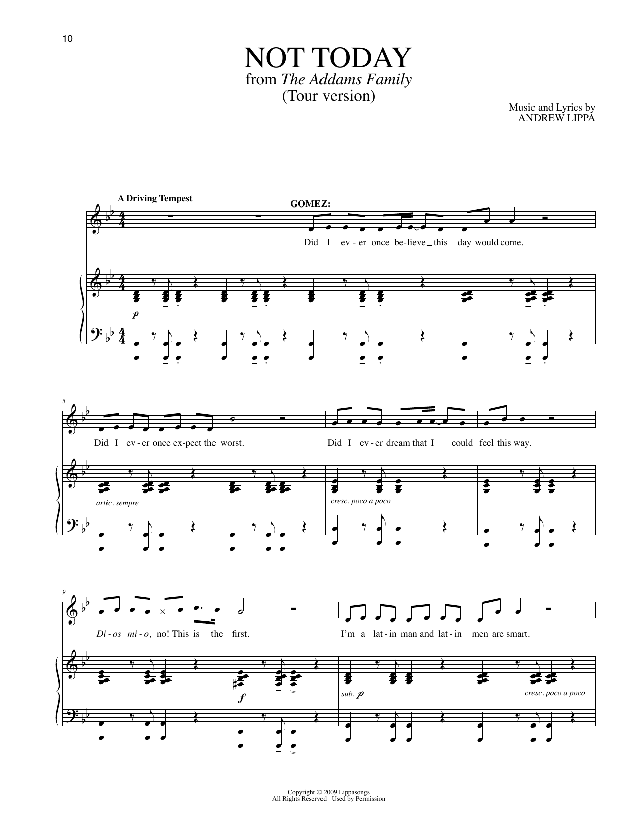 Download Andrew Lippa Not Today (Tour Version) (from The Addams Family) Sheet Music and learn how to play Piano & Vocal PDF digital score in minutes