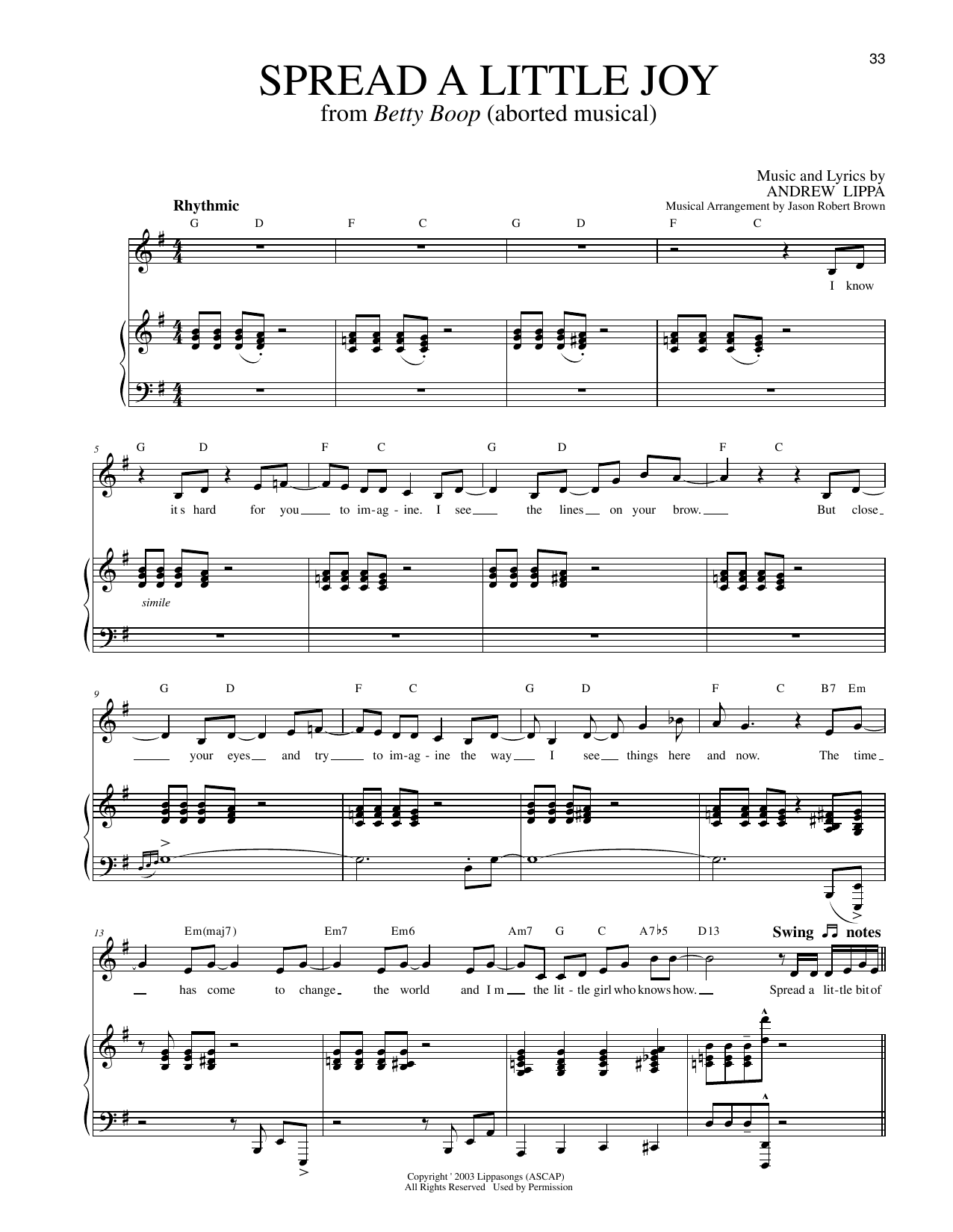 Download Andrew Lippa Spread A Little Joy (from Betty Boop) Sheet Music and learn how to play Piano & Vocal PDF digital score in minutes
