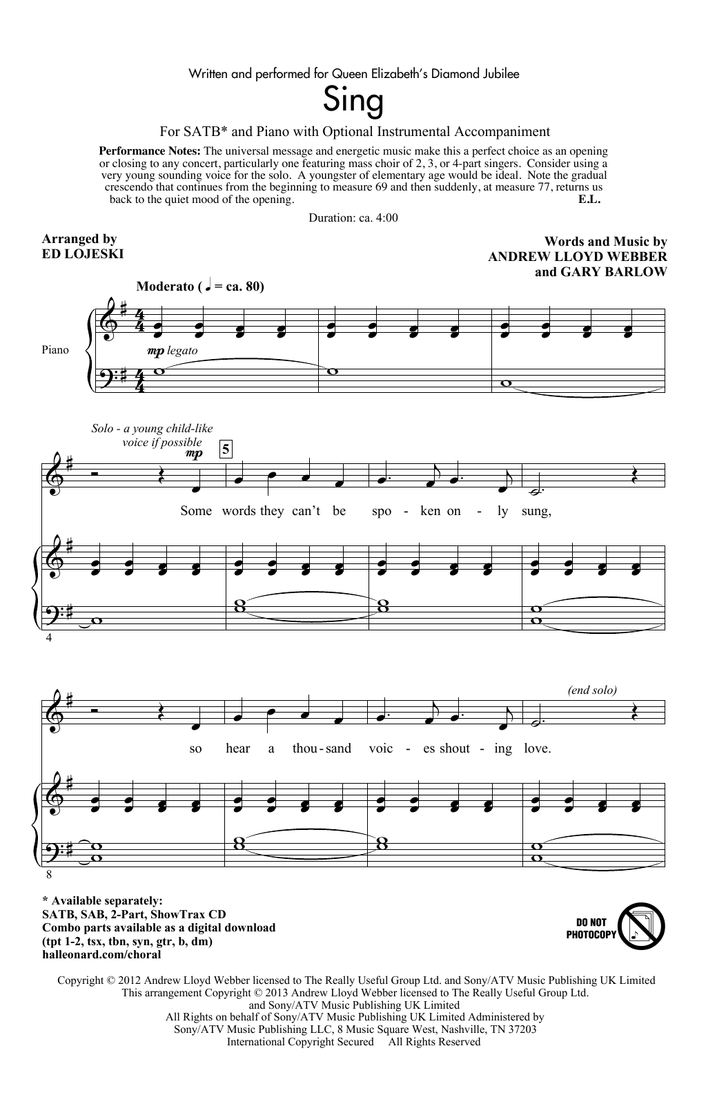 Download Andrew Lloyd Webber & Gary Barlow Sing (arr. Ed Lojeski) Sheet Music and learn how to play SATB Choir PDF digital score in minutes