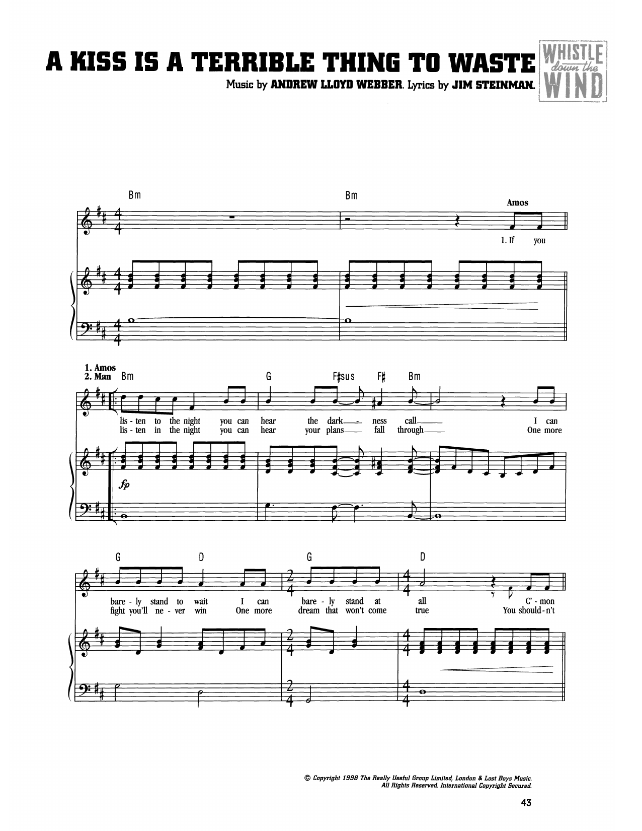 Download Andrew Lloyd Webber A Kiss Is A Terrible Thing To Waste (from Whistle Down The Wind) Sheet Music and learn how to play Piano & Vocal PDF digital score in minutes