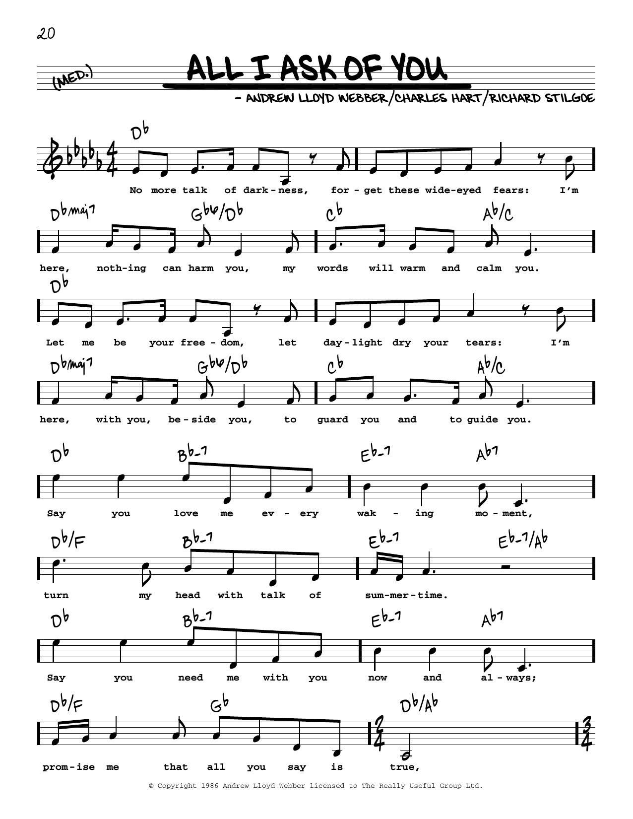 Download Andrew Lloyd Webber All I Ask Of You (from Phantom Of The Opera) (High Voice) Sheet Music and learn how to play Real Book – Melody, Lyrics & Chords PDF digital score in minutes