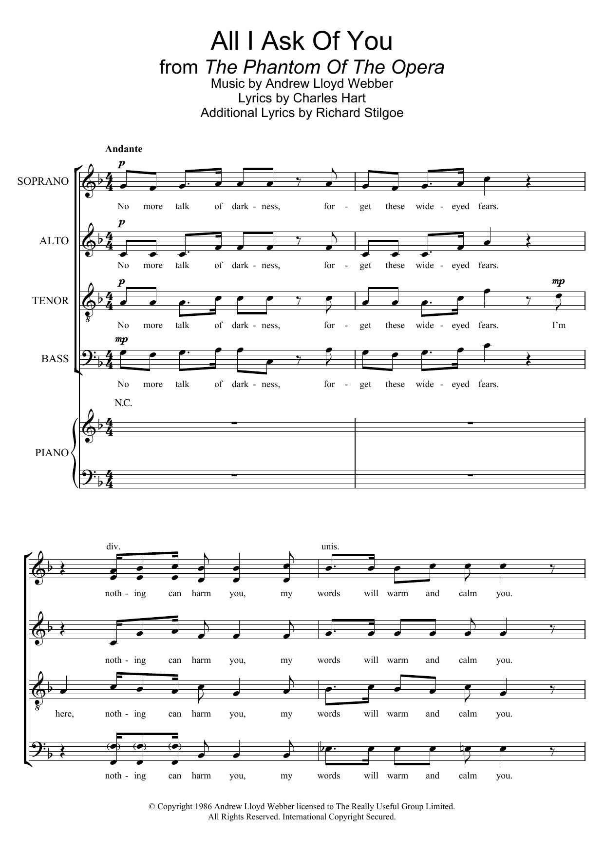 Download Andrew Lloyd Webber All I Ask Of You (from The Phantom Of The Opera) (arr. Barrie Carson Turner) Sheet Music and learn how to play SATB PDF digital score in minutes