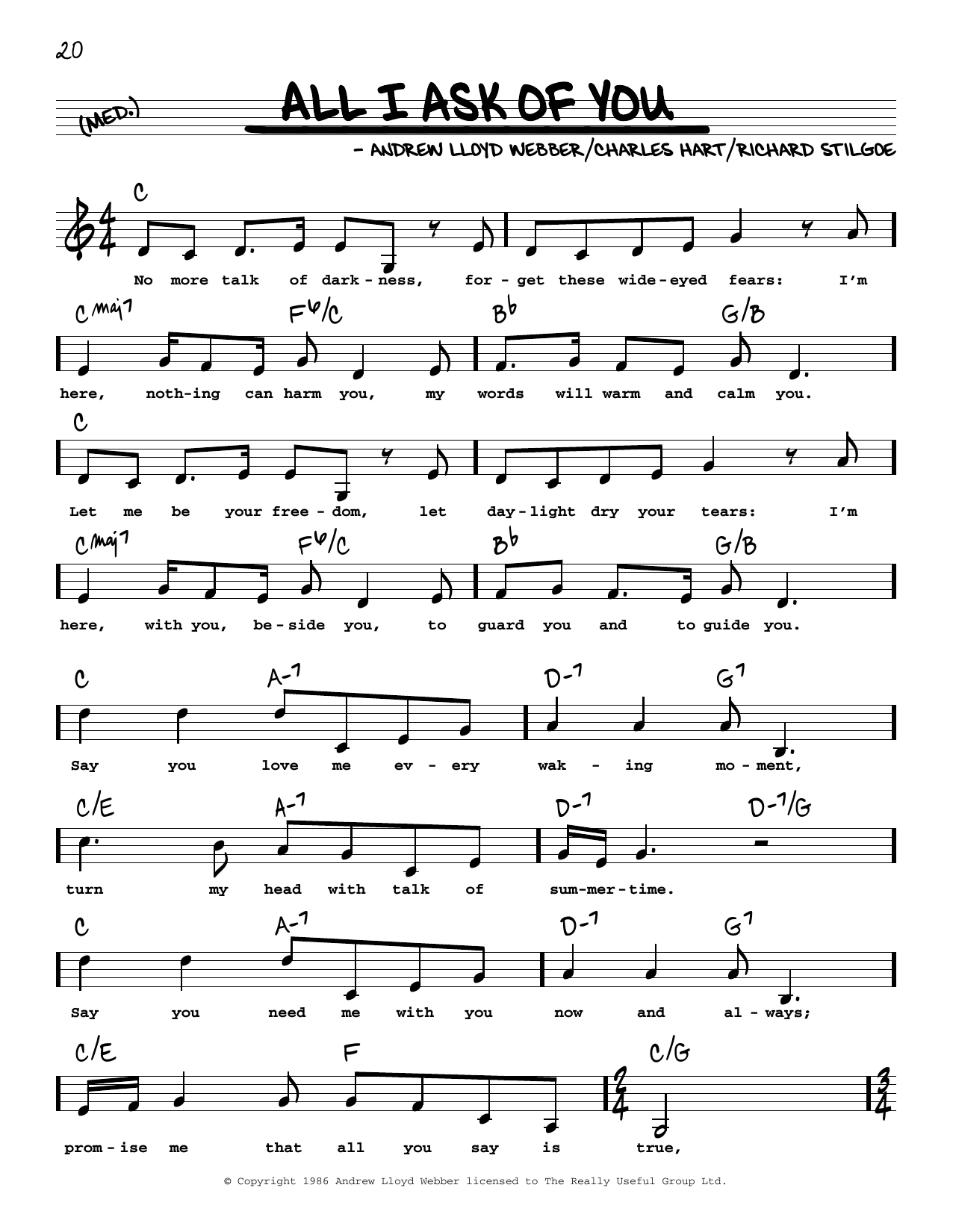 Download Andrew Lloyd Webber All I Ask Of You (from The Phantom Of The Opera) (Low Voice) Sheet Music and learn how to play Real Book – Melody, Lyrics & Chords PDF digital score in minutes