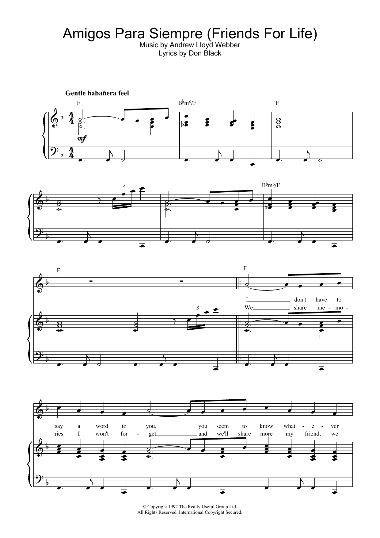 Download Andrew Lloyd Webber Amigos Para Siempre (Friends For Life) Sheet Music and learn how to play Super Easy Piano PDF digital score in minutes