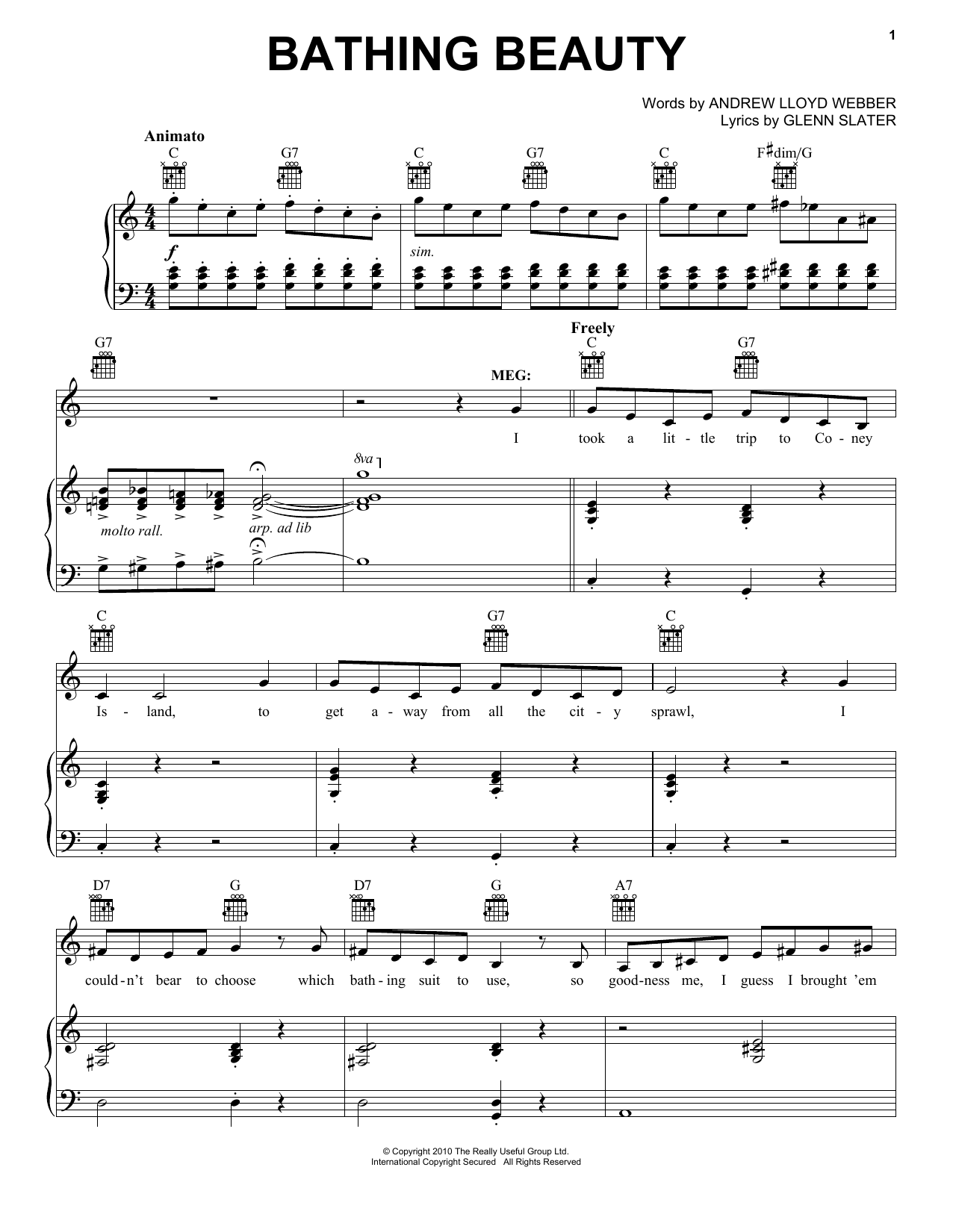 Download Andrew Lloyd Webber Bathing Beauty Sheet Music and learn how to play Piano, Vocal & Guitar (Right-Hand Melody) PDF digital score in minutes