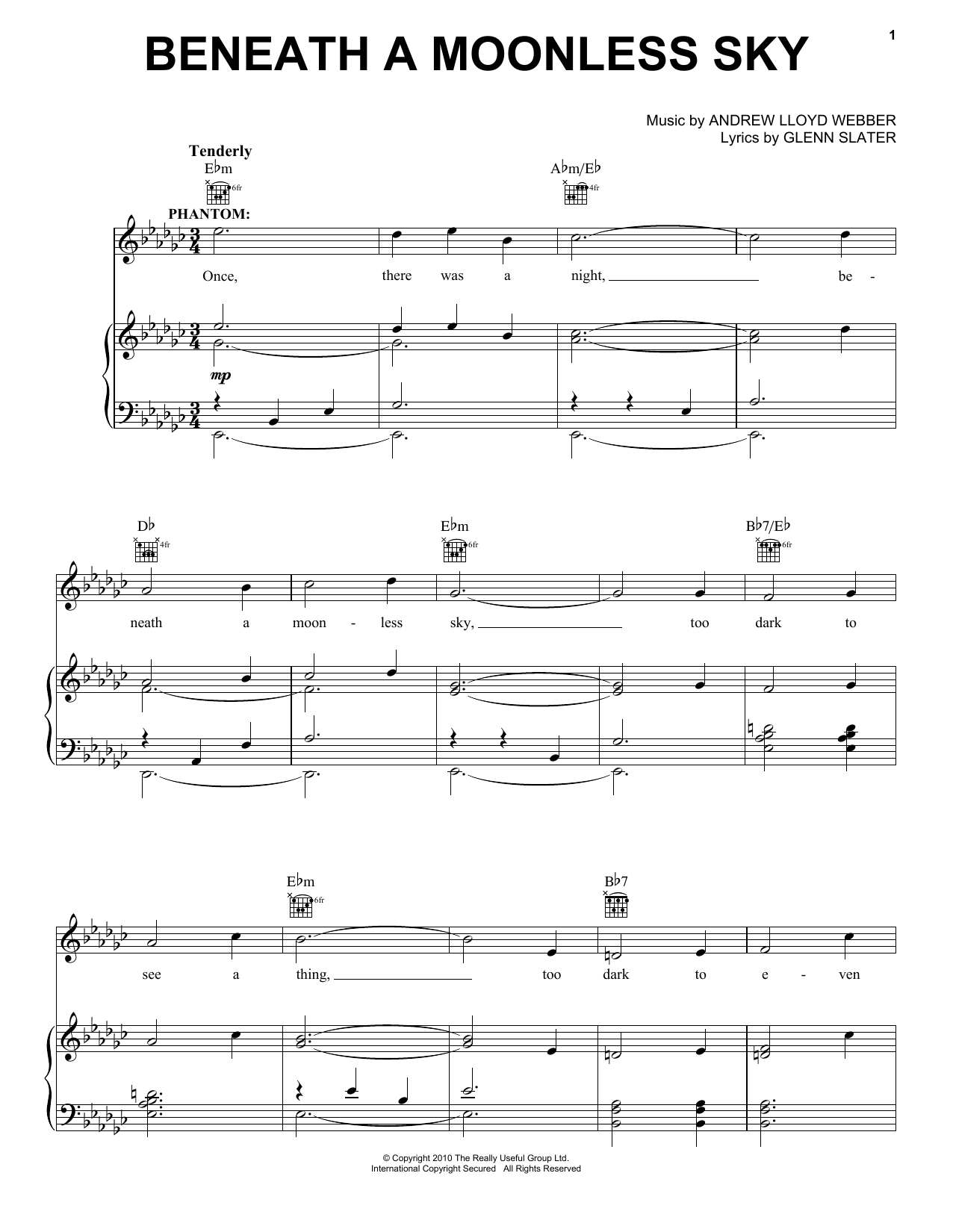 Download Andrew Lloyd Webber Beneath A Moonless Sky Sheet Music and learn how to play Piano, Vocal & Guitar (Right-Hand Melody) PDF digital score in minutes