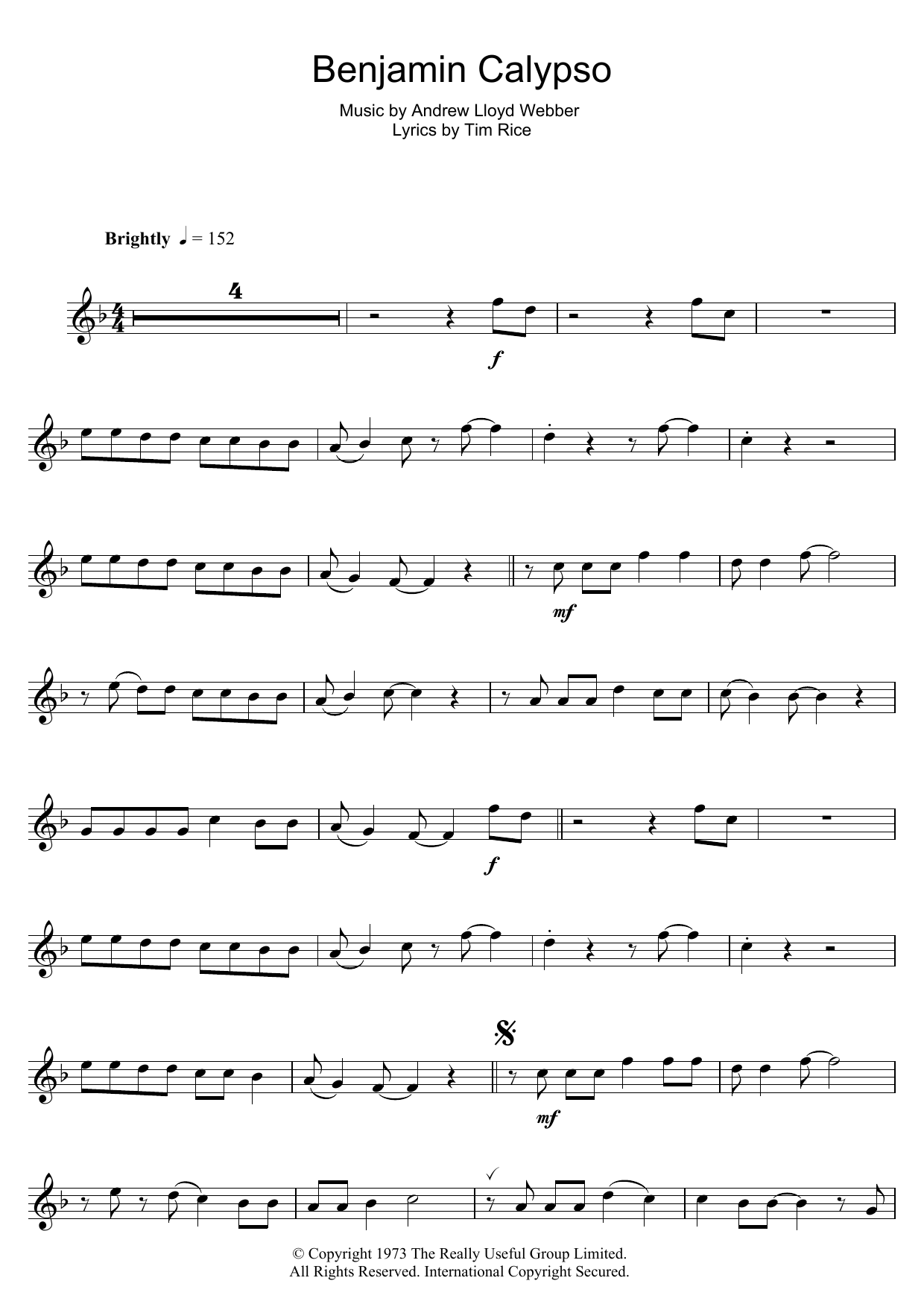 Download Andrew Lloyd Webber Benjamin Calypso (from Joseph And The Amazing Technicolor Dreamcoat) Sheet Music and learn how to play Clarinet PDF digital score in minutes