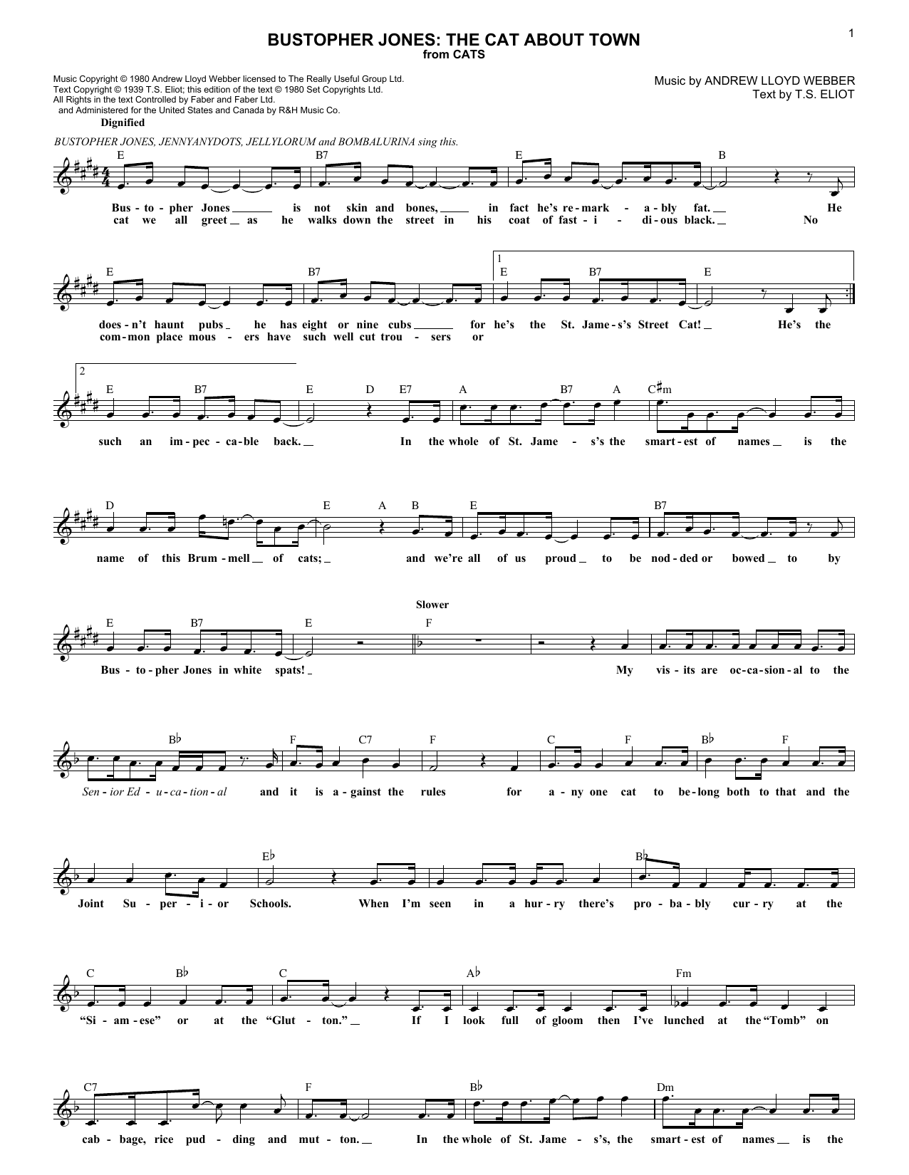 Download Andrew Lloyd Webber Bustopher Jones: The Cat About Town Sheet Music and learn how to play Melody Line, Lyrics & Chords PDF digital score in minutes