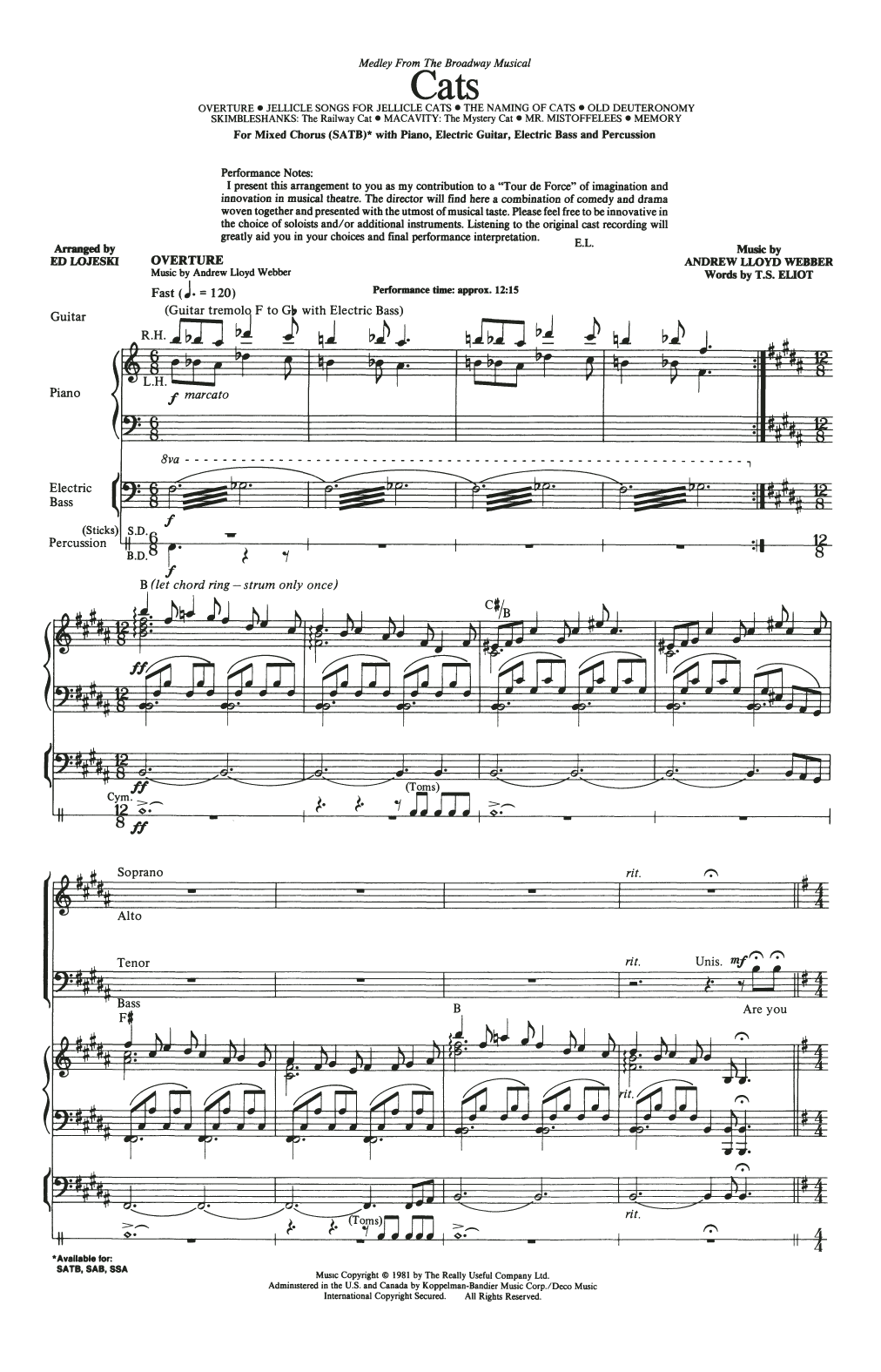 Download Andrew Lloyd Webber Cats (Medley) (arr. Ed Lojeski) Sheet Music and learn how to play SSA Choir PDF digital score in minutes