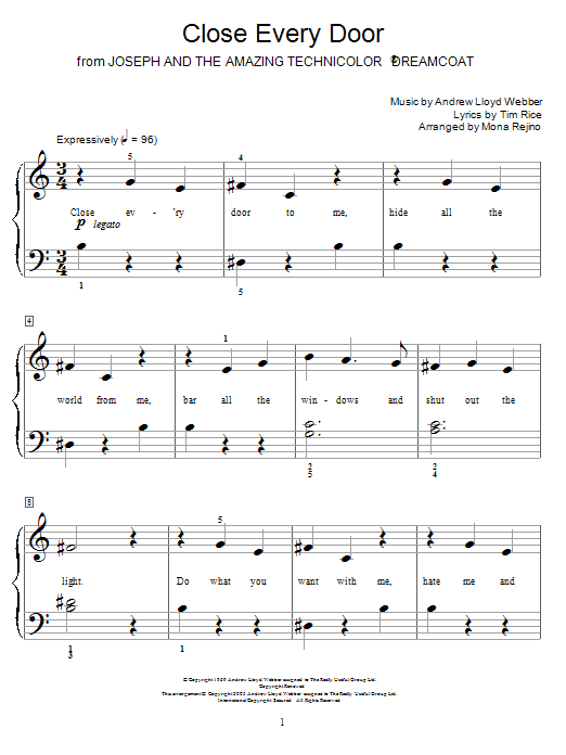Download Andrew Lloyd Webber Close Every Door (from Joseph And The Amazing Technicolor Dreamcoat) Sheet Music and learn how to play Easy Piano PDF digital score in minutes