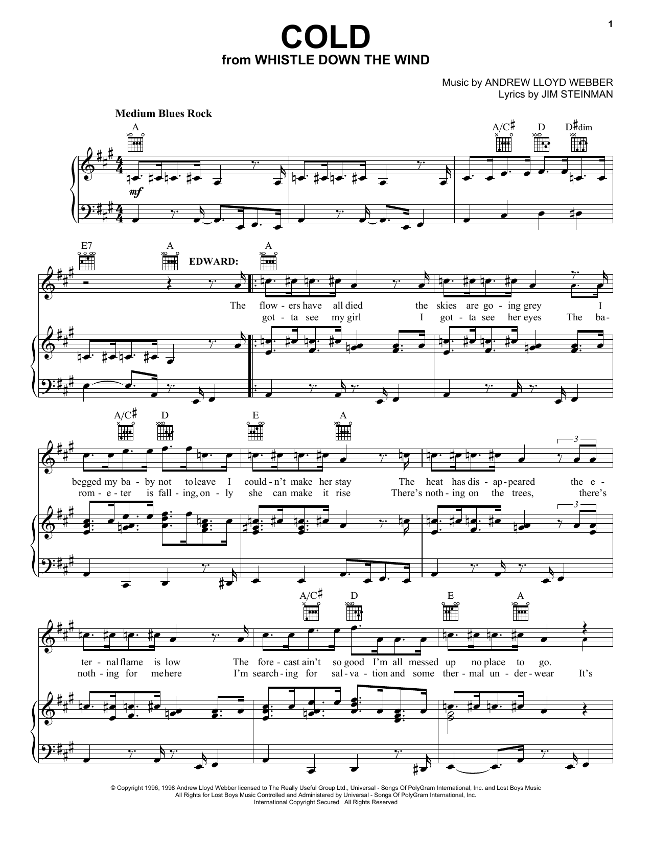 Download Andrew Lloyd Webber Cold Sheet Music and learn how to play Piano, Vocal & Guitar (Right-Hand Melody) PDF digital score in minutes