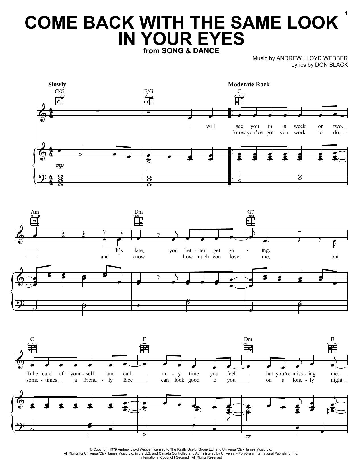 Download Andrew Lloyd Webber Come Back With The Same Look In Your Eyes Sheet Music and learn how to play Melody Line, Lyrics & Chords PDF digital score in minutes