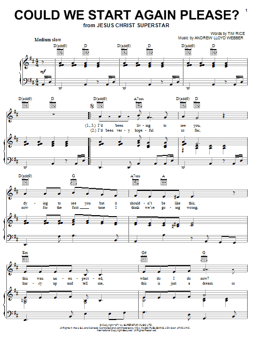 Download Andrew Lloyd Webber Could We Start Again Please? (from Jesus Christ Superstar) Sheet Music and learn how to play Piano, Vocal & Guitar (Right-Hand Melody) PDF digital score in minutes