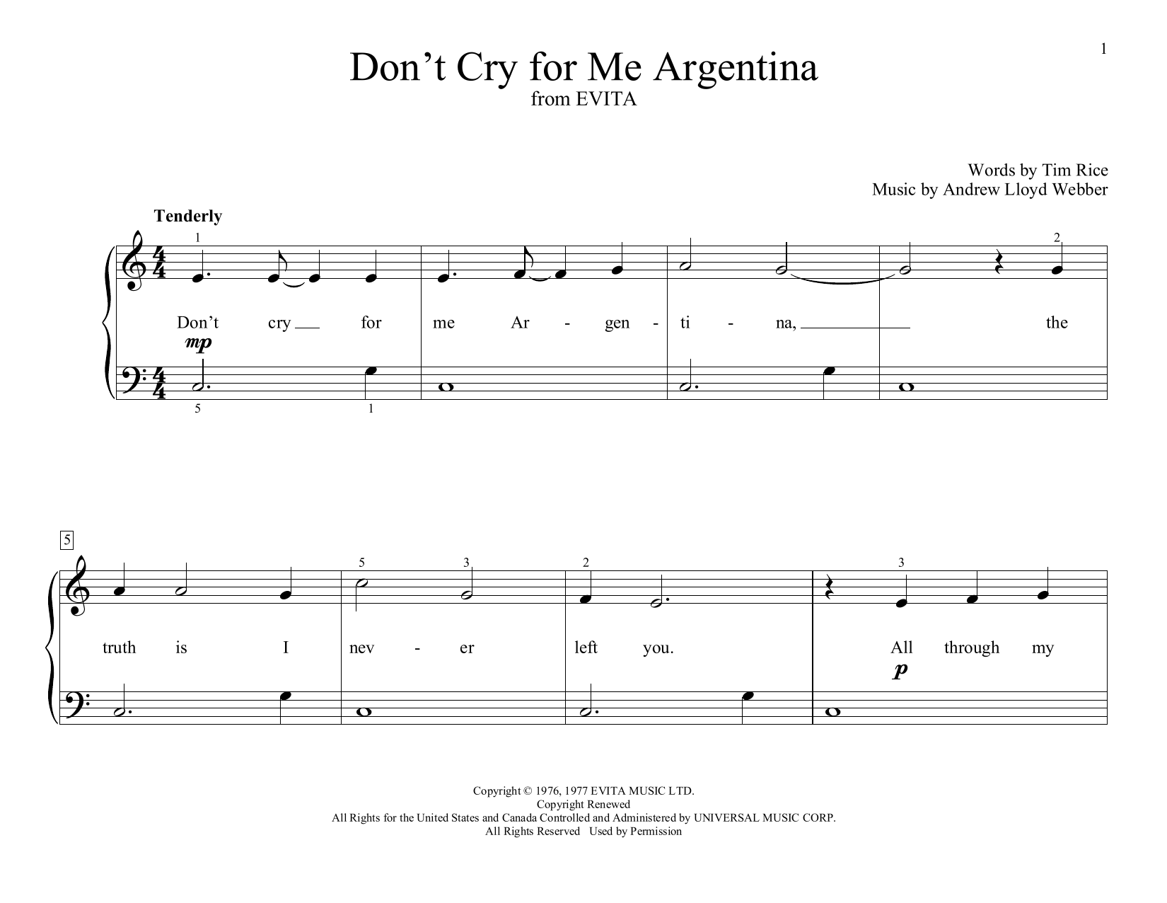 Download Andrew Lloyd Webber Don't Cry For Me Argentina (from Evita) (arr. Christopher Hussey) Sheet Music and learn how to play Educational Piano PDF digital score in minutes