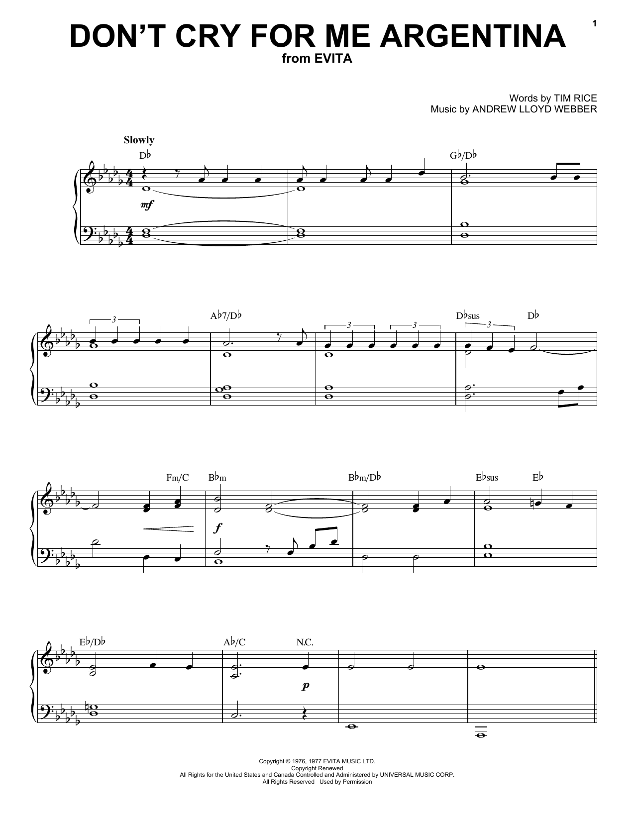 Download Andrew Lloyd Webber Don't Cry For Me Argentina Sheet Music and learn how to play Piano & Vocal PDF digital score in minutes