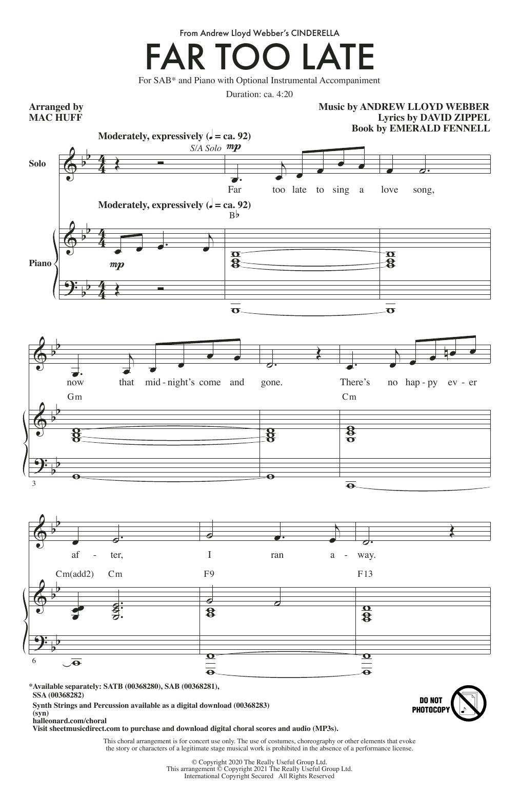 Download Andrew Lloyd Webber Far Too Late (from Cinderella) (arr. Mac Huff) Sheet Music and learn how to play SATB Choir PDF digital score in minutes