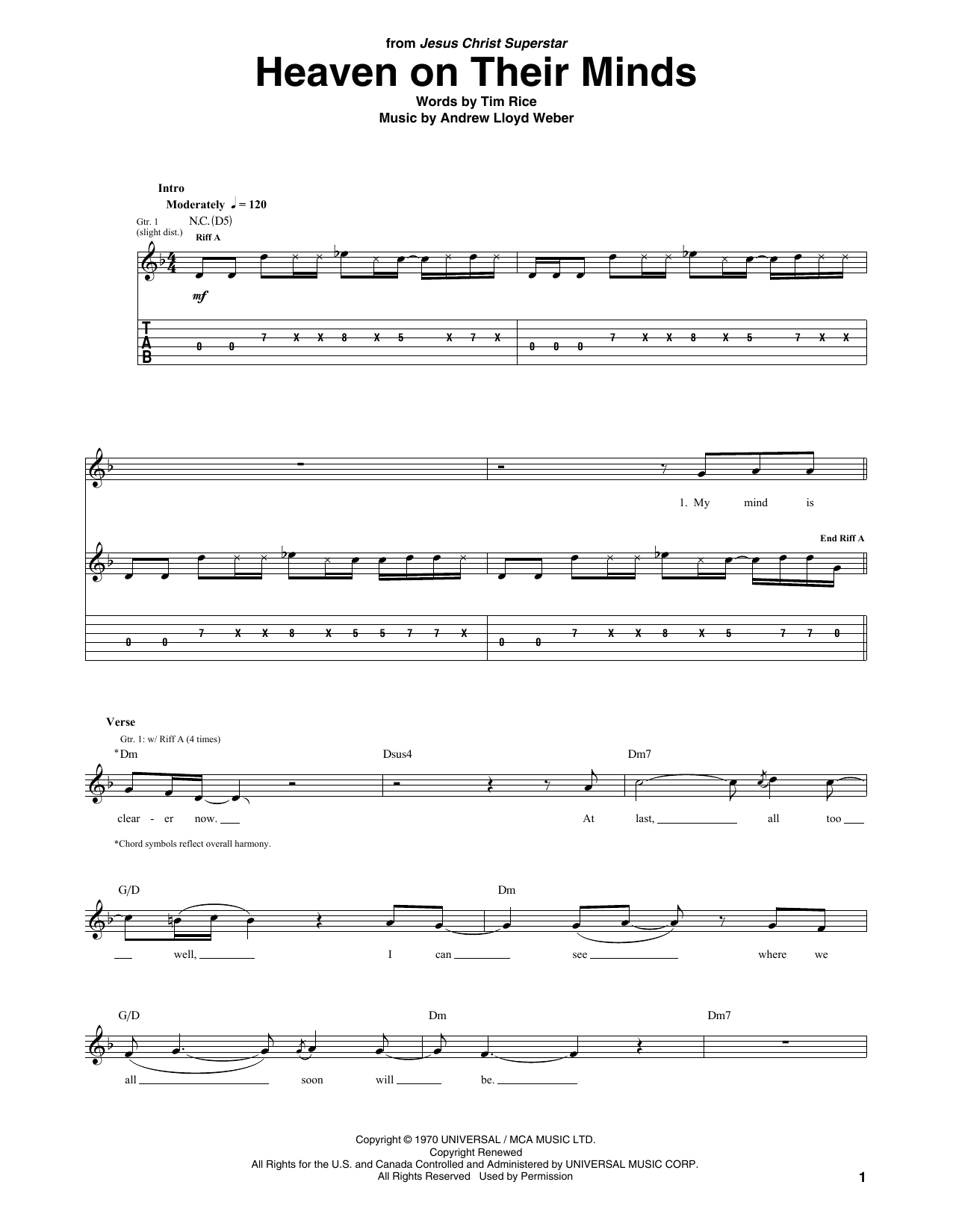Download Andrew Lloyd Webber Heaven On Their Minds (from Jesus Christ Superstar) Sheet Music and learn how to play Guitar Tab PDF digital score in minutes