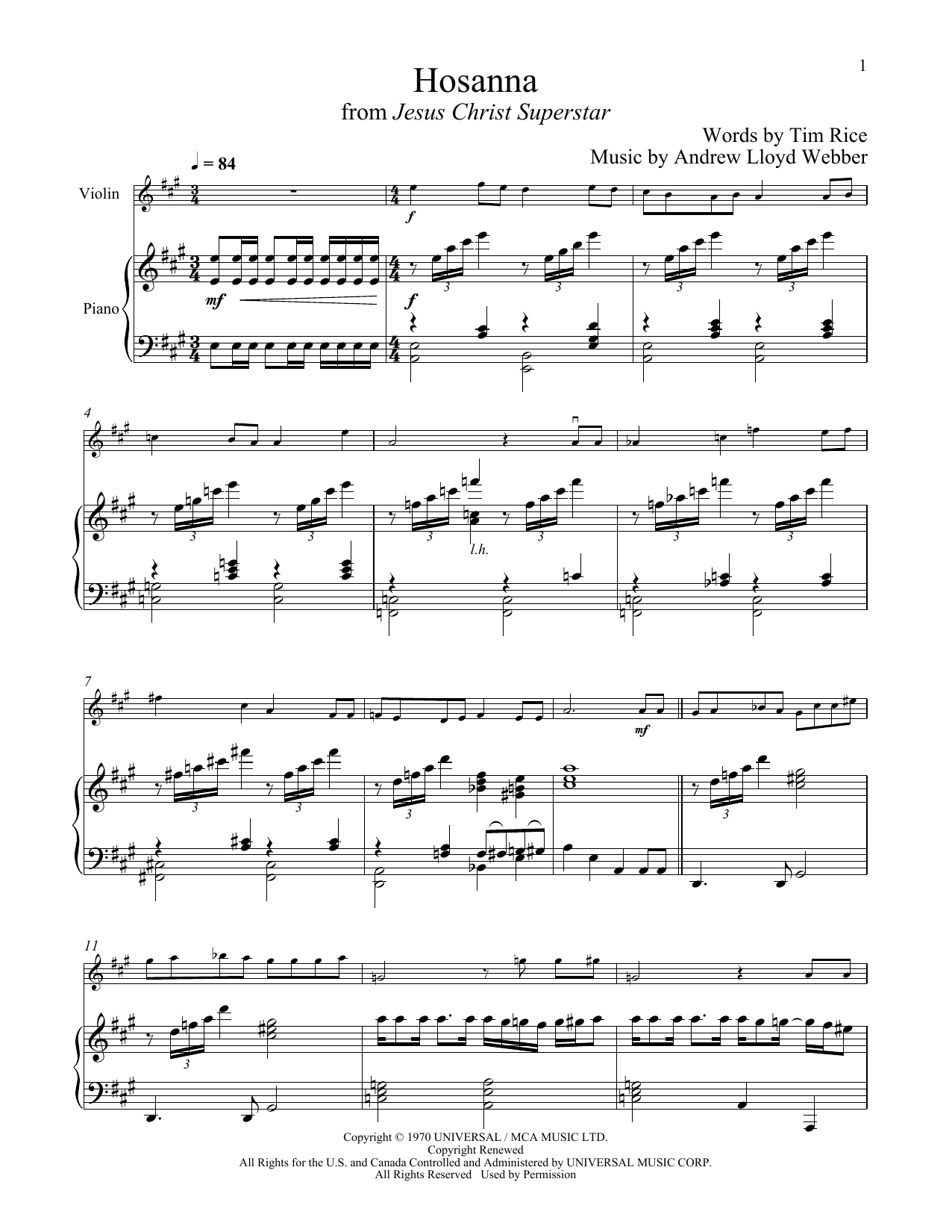 Download Andrew Lloyd Webber Hosanna (from Jesus Christ Superstar) Sheet Music and learn how to play Violin and Piano PDF digital score in minutes