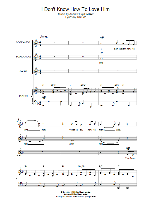 Download Andrew Lloyd Webber I Don't Know How To Love Him (from Jesus Christ Superstar) Sheet Music and learn how to play SSA PDF digital score in minutes