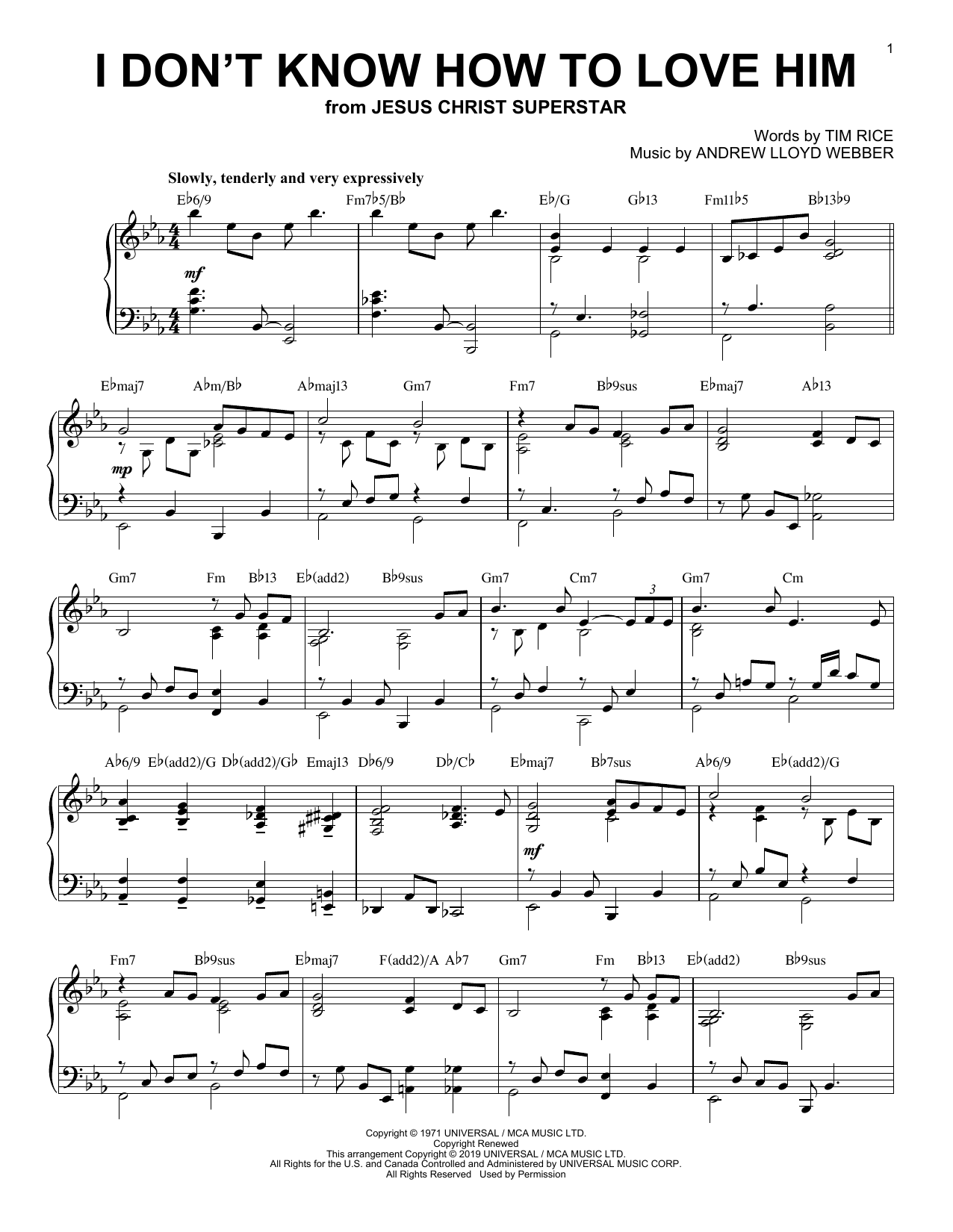 Download Andrew Lloyd Webber I Don't Know How To Love Him [Jazz version] (from Jesus Christ Superstar) Sheet Music and learn how to play Piano Solo PDF digital score in minutes