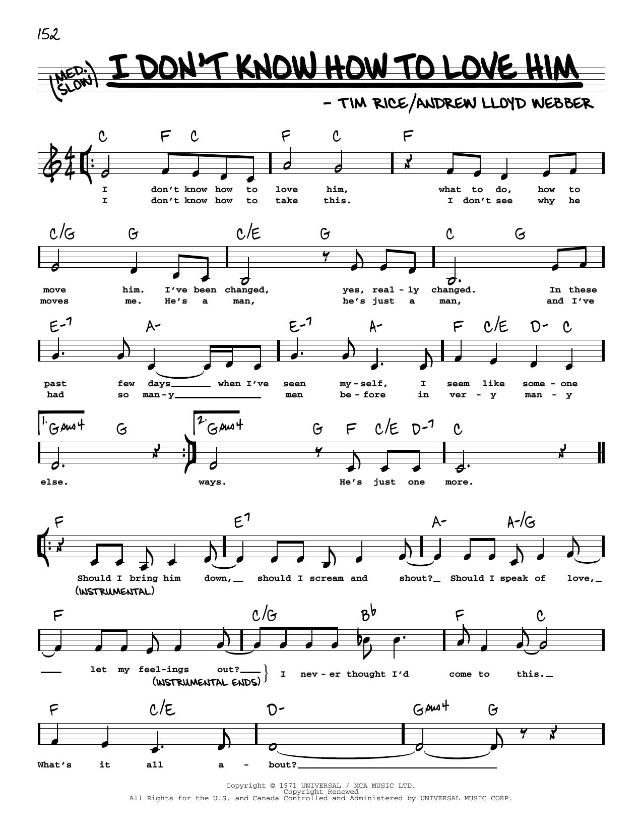 Download Andrew Lloyd Webber I Don't Know How To Love Him (Low Voice) (from Jesus Christ Superstar) Sheet Music and learn how to play Real Book – Melody, Lyrics & Chords PDF digital score in minutes