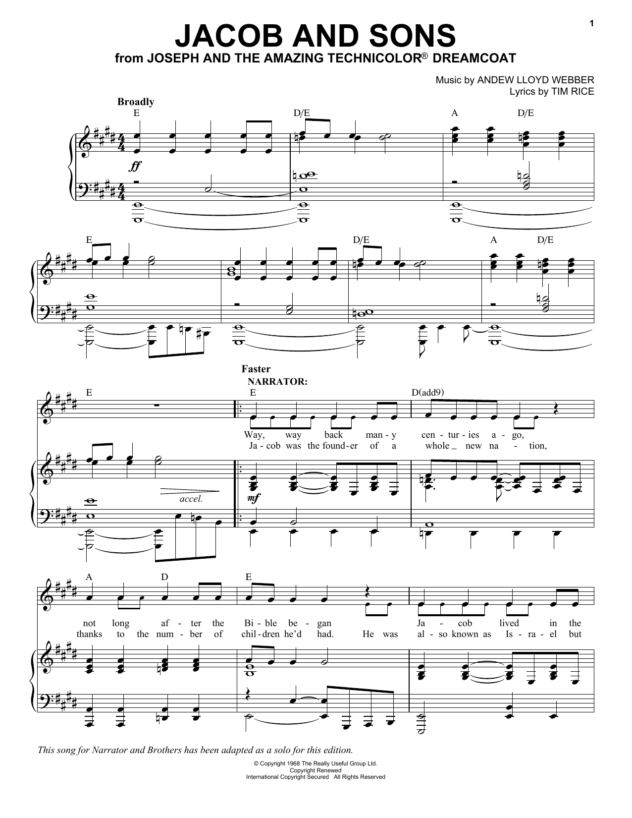 Download Andrew Lloyd Webber Jacob And Sons Sheet Music and learn how to play Piano, Vocal & Guitar (Right-Hand Melody) PDF digital score in minutes