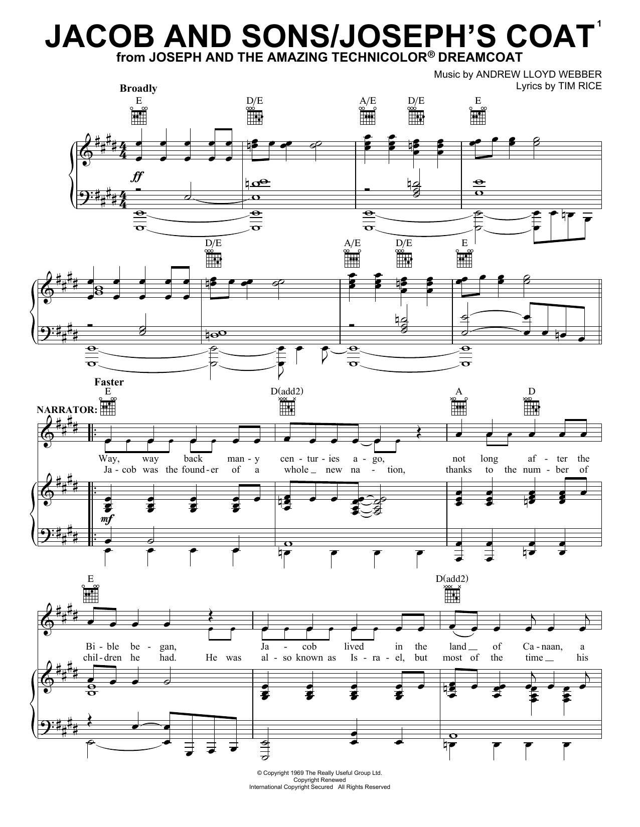 Download Andrew Lloyd Webber Jacob And Sons/Joseph's Coat Sheet Music and learn how to play Piano, Vocal & Guitar Chords (Right-Hand Melody) PDF digital score in minutes