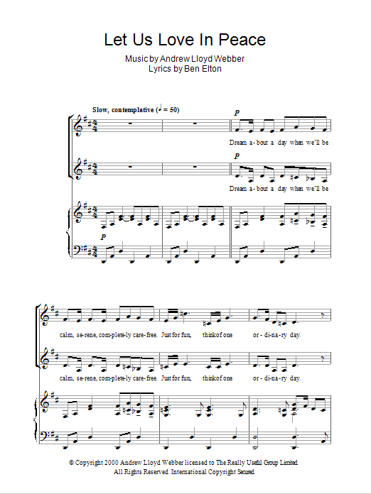 Download Andrew Lloyd Webber Let Us Love In Peace (from The Boys In The Photograph) Sheet Music and learn how to play 2-Part Choir PDF digital score in minutes