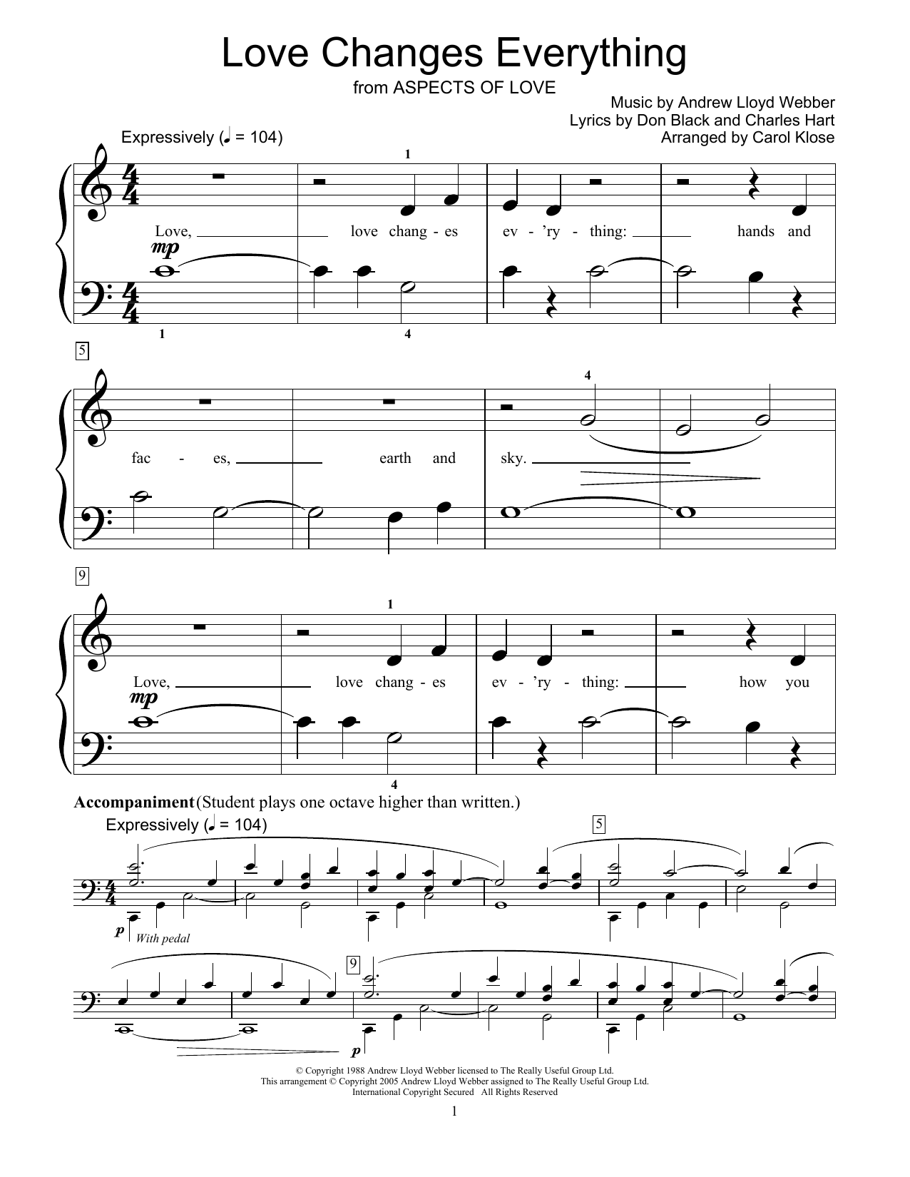 Download Andrew Lloyd Webber Love Changes Everything Sheet Music and learn how to play Easy Piano PDF digital score in minutes
