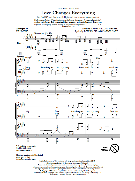 Download Andrew Lloyd Webber Love Changes Everything (from Aspects Of Love) (arr. Ed Lojeski) Sheet Music and learn how to play SATB PDF digital score in minutes