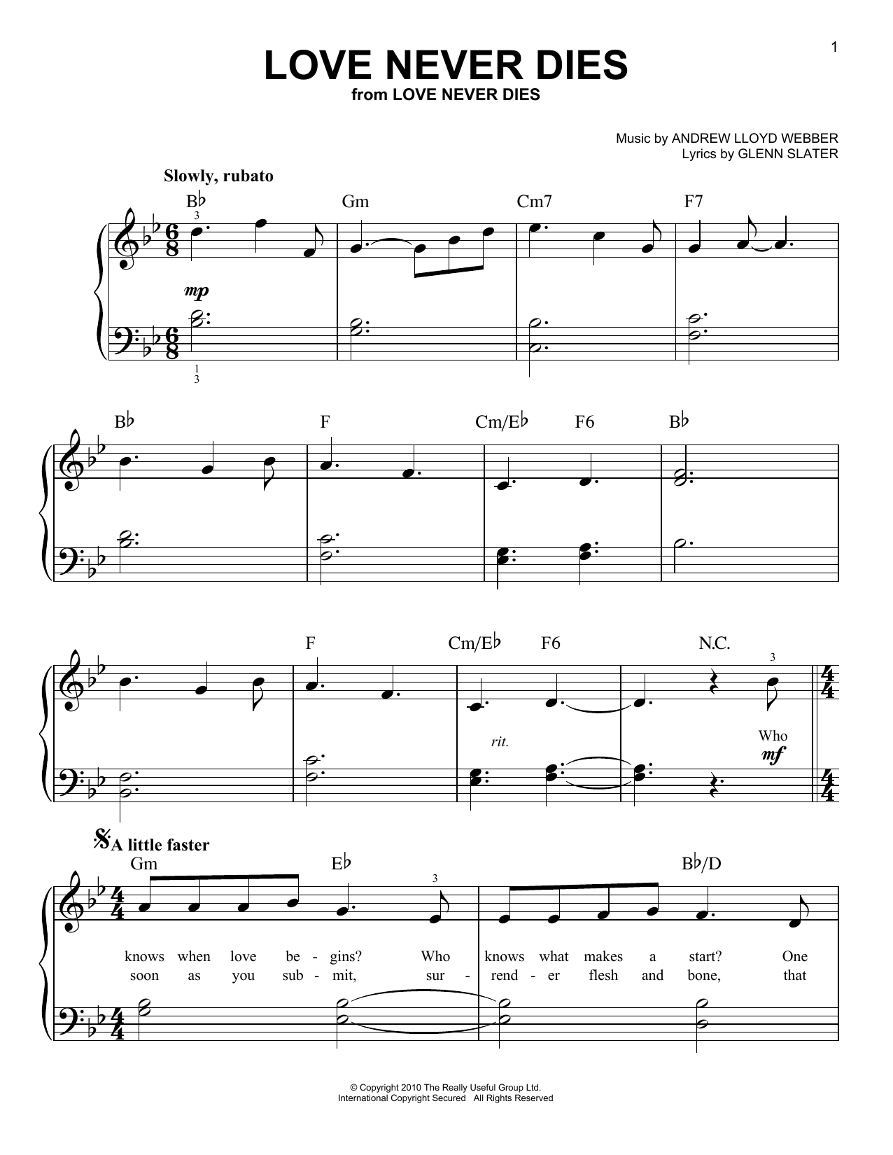 Download Andrew Lloyd Webber Love Never Dies (from Love Never Dies) Sheet Music and learn how to play Very Easy Piano PDF digital score in minutes