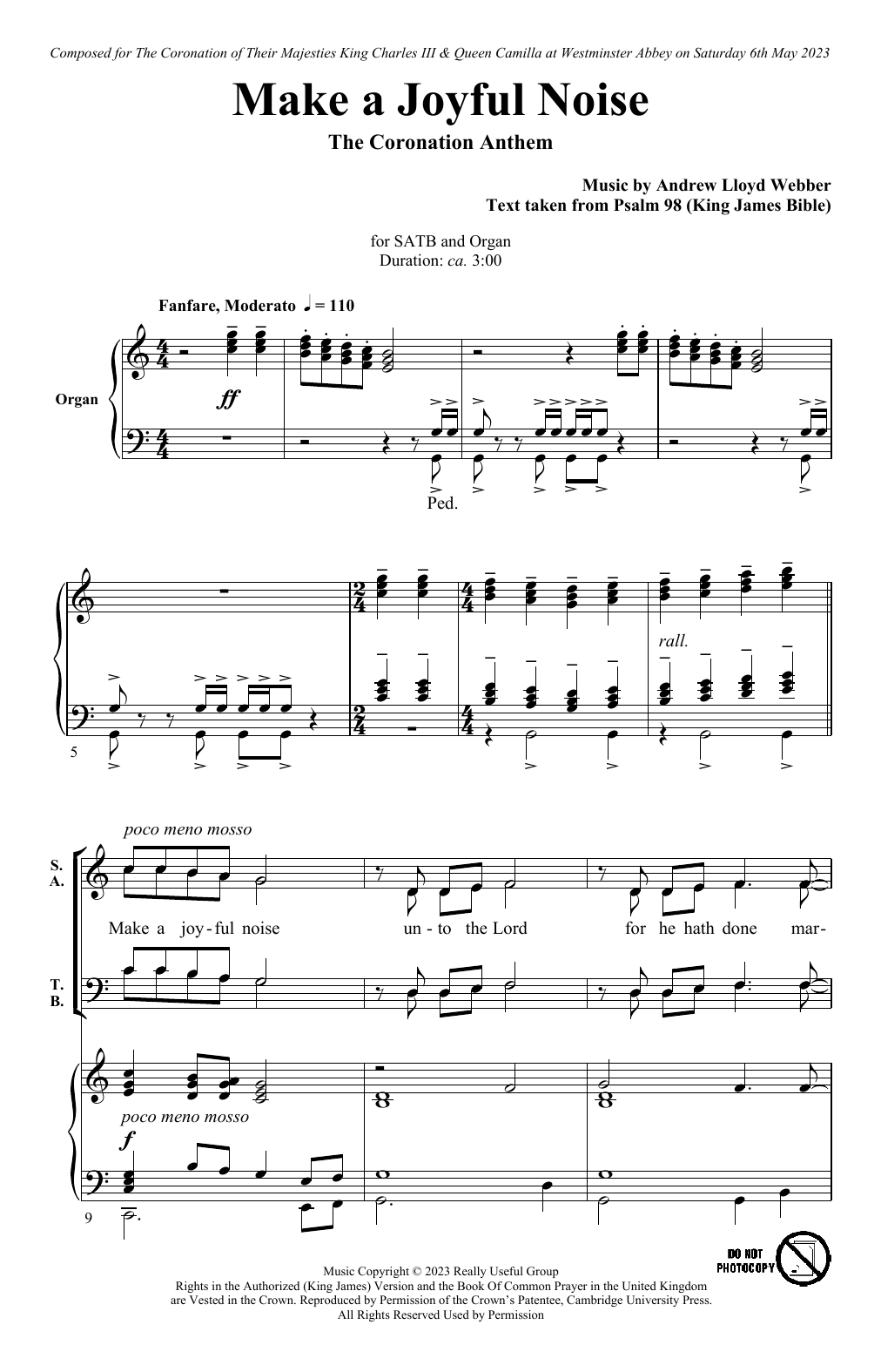 Download Andrew Lloyd Webber Make A Joyful Noise - The Coronation Anthem (for SATB and Organ) Sheet Music and learn how to play SATB Choir PDF digital score in minutes