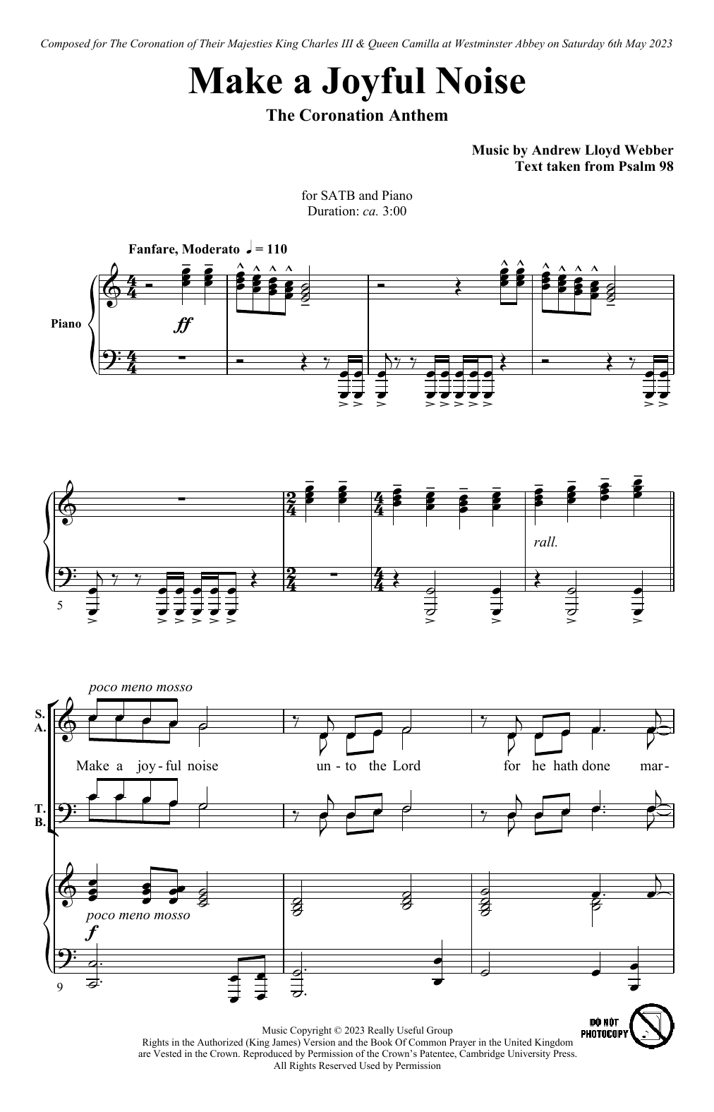 Download Andrew Lloyd Webber Make A Joyful Noise - The Coronation Anthem (for SATB and Piano) Sheet Music and learn how to play SATB Choir PDF digital score in minutes