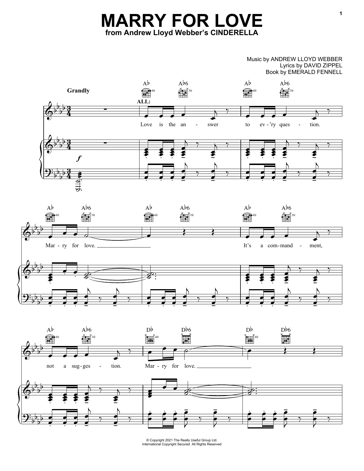 Download Andrew Lloyd Webber Marry For Love (from Andrew Lloyd Webber's Cinderella) Sheet Music and learn how to play Piano, Vocal & Guitar Chords (Right-Hand Melody) PDF digital score in minutes