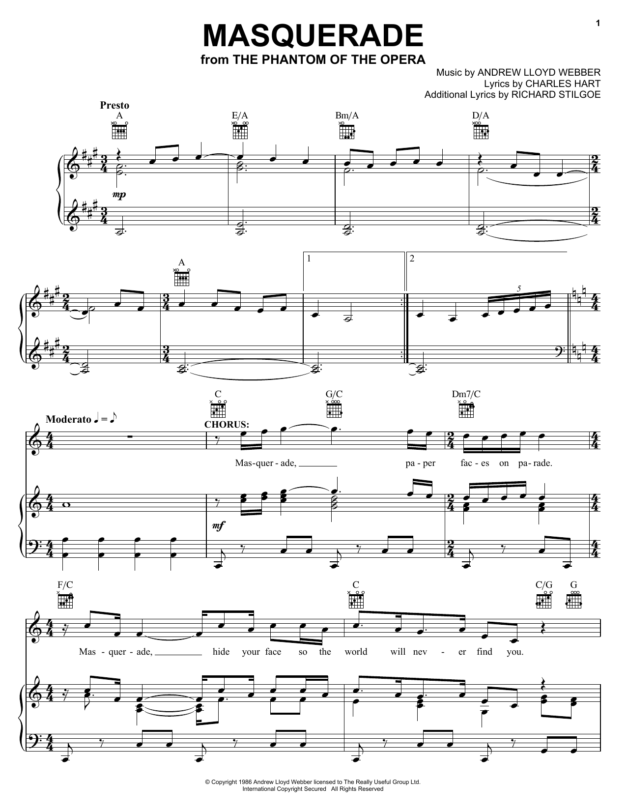 Download Andrew Lloyd Webber Masquerade (from The Phantom Of The Opera) Sheet Music and learn how to play Melody Line, Lyrics & Chords PDF digital score in minutes
