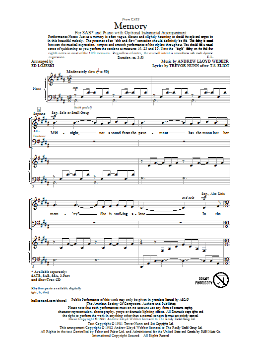 Download Andrew Lloyd Webber Memory (from Cats) (arr. Ed Lojeski) Sheet Music and learn how to play SSA PDF digital score in minutes