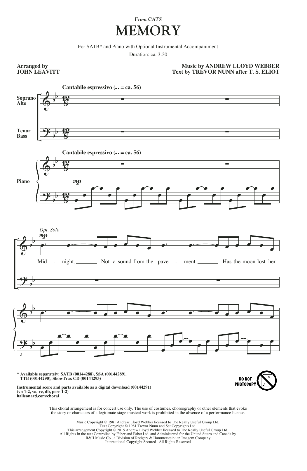 Download Andrew Lloyd Webber Memory (arr. John Leavitt) Sheet Music and learn how to play TTBB PDF digital score in minutes