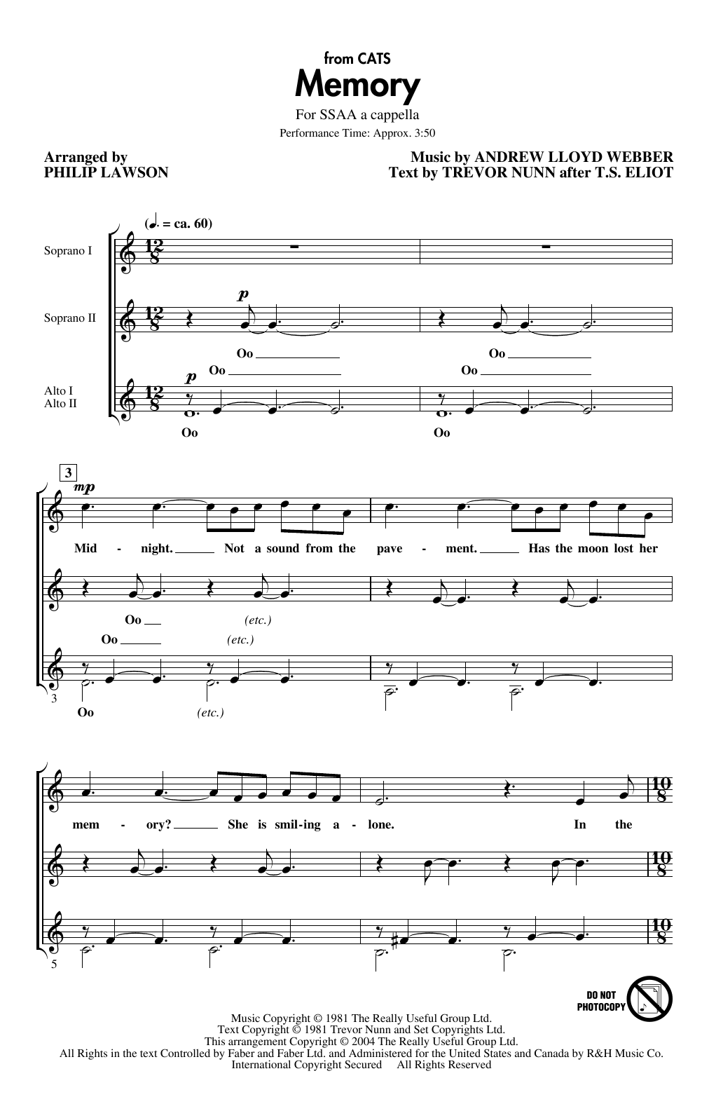 Download Andrew Lloyd Webber Memory (from Cats) (arr. Philip Lawson) Sheet Music and learn how to play SSAA Choir PDF digital score in minutes