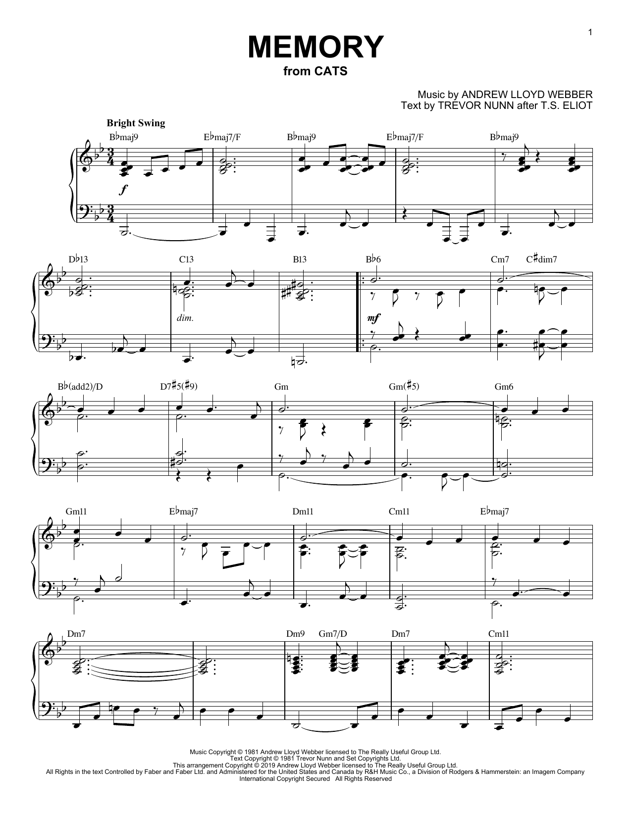 Download Andrew Lloyd Webber Memory [Jazz version] (from Cats) Sheet Music and learn how to play Piano Solo PDF digital score in minutes