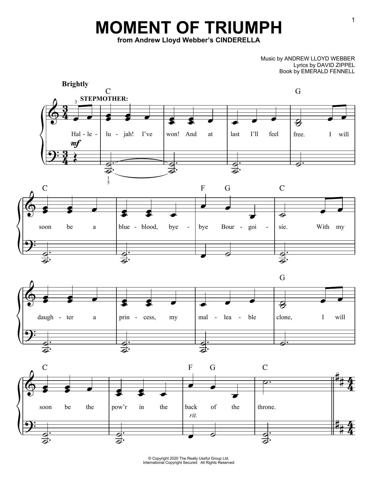 Download Andrew Lloyd Webber Moment Of Triumph (from Andrew Lloyd Webber's Cinderella) Sheet Music and learn how to play Piano, Vocal & Guitar Chords (Right-Hand Melody) PDF digital score in minutes