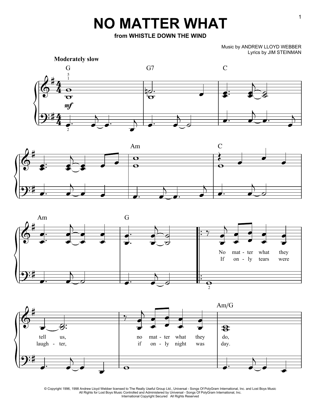 Download Andrew Lloyd Webber No Matter What (from Whistle Down The Wind) Sheet Music and learn how to play Guitar Tab PDF digital score in minutes