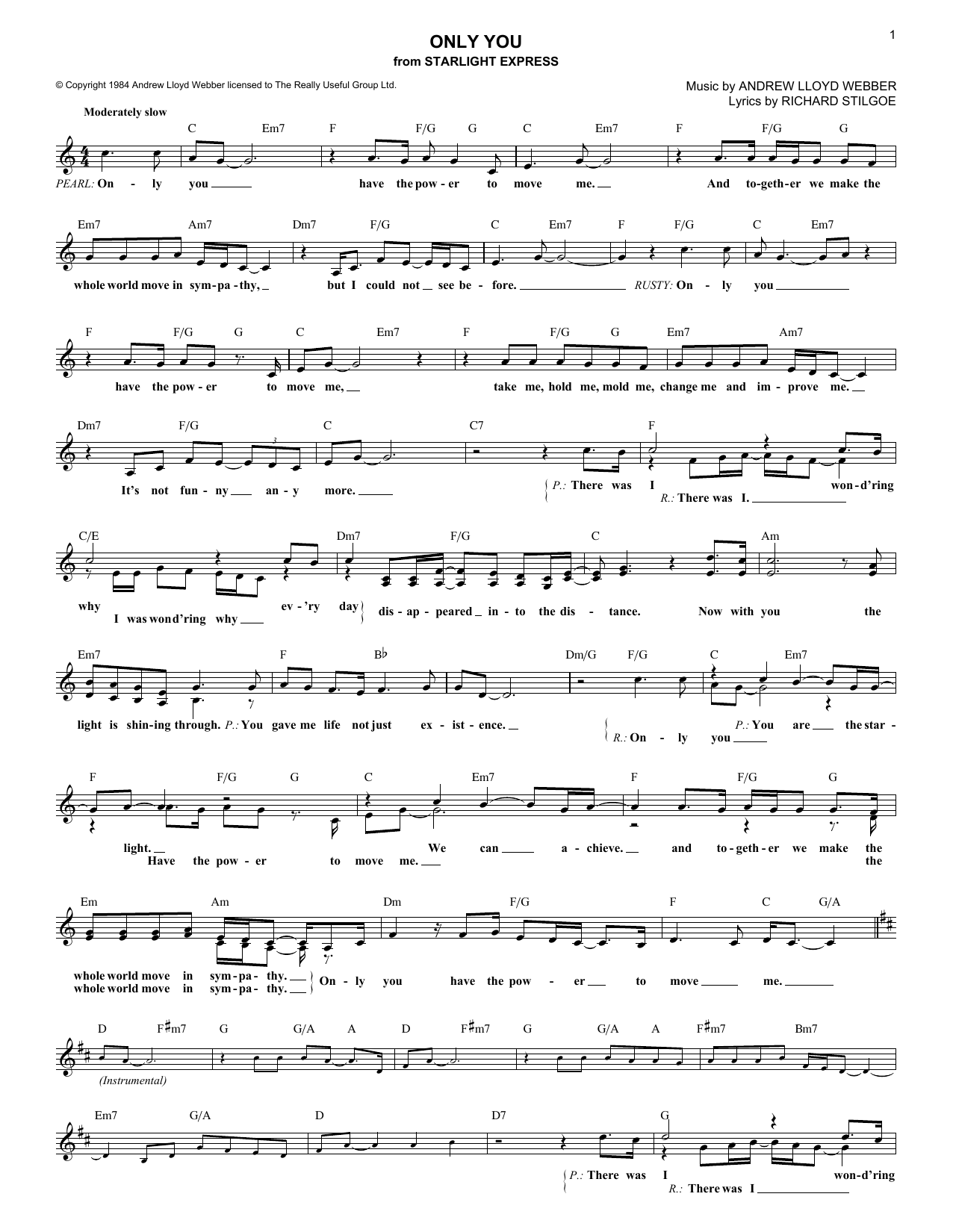 Download Andrew Lloyd Webber Only You (from Starlight Express) Sheet Music and learn how to play Piano, Vocal & Guitar PDF digital score in minutes