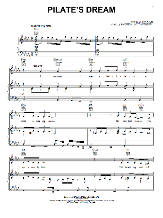 Download Andrew Lloyd Webber Pilate's Dream Sheet Music and learn how to play Piano, Vocal & Guitar (Right-Hand Melody) PDF digital score in minutes