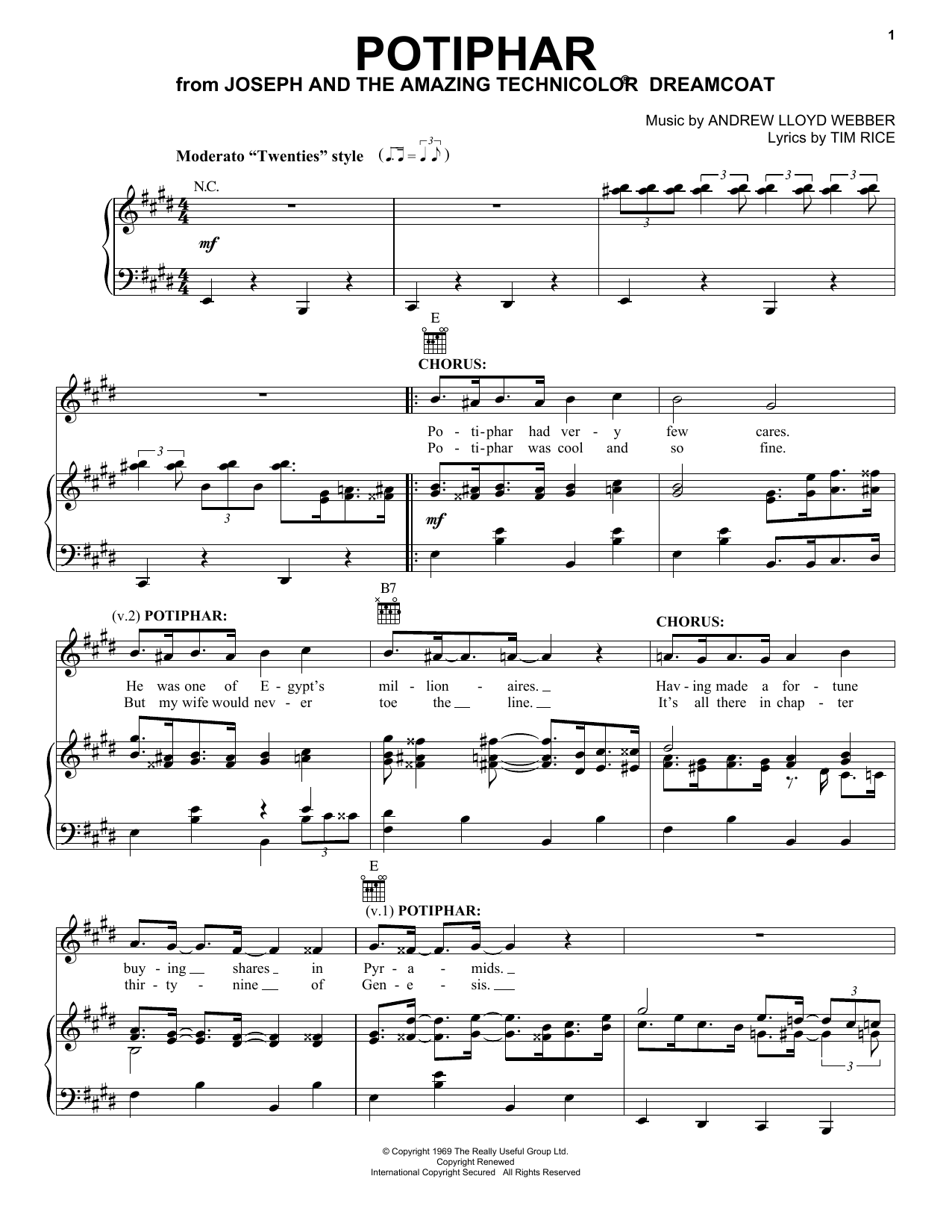 Download Andrew Lloyd Webber Potiphar (from Joseph And The Amazing Technicolor Dreamcoat) Sheet Music and learn how to play Piano, Vocal & Guitar Chords (Right-Hand Melody) PDF digital score in minutes